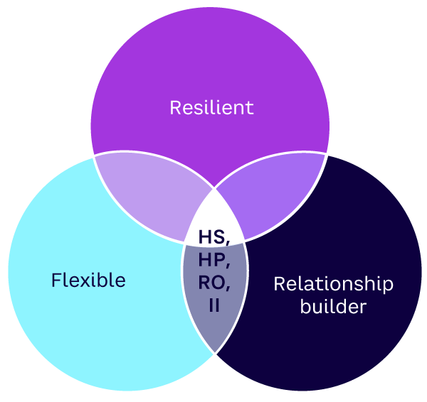 Figure 1.  The intersection of resiliency, flexibility, and relationship building is a high-spirited (HS), high-performing (HP), results-oriented (RO), intentionally inclusive (II) business
